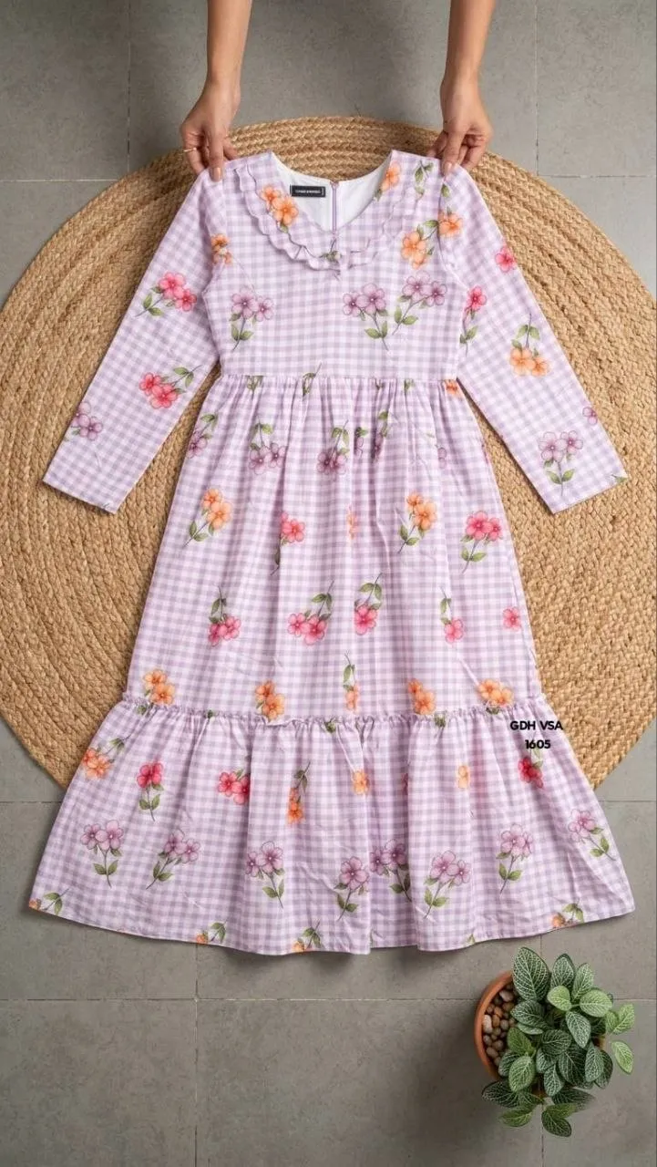 Gingham Floral Cotton Maxi dress - Lavender
